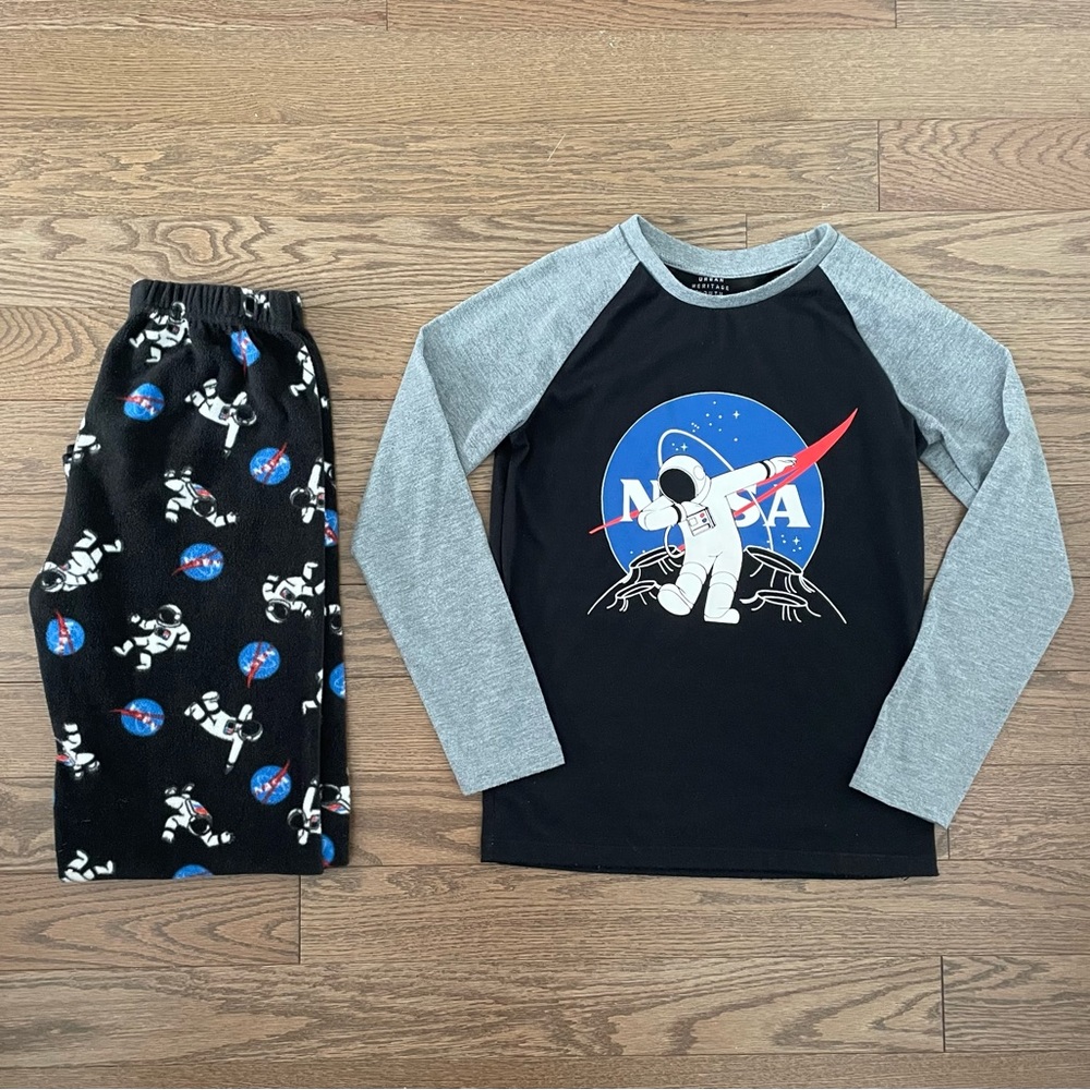 Kids NASA Print Pyjama Set - Fleece Bottoms - Space Theme - Blue, Black & Grey